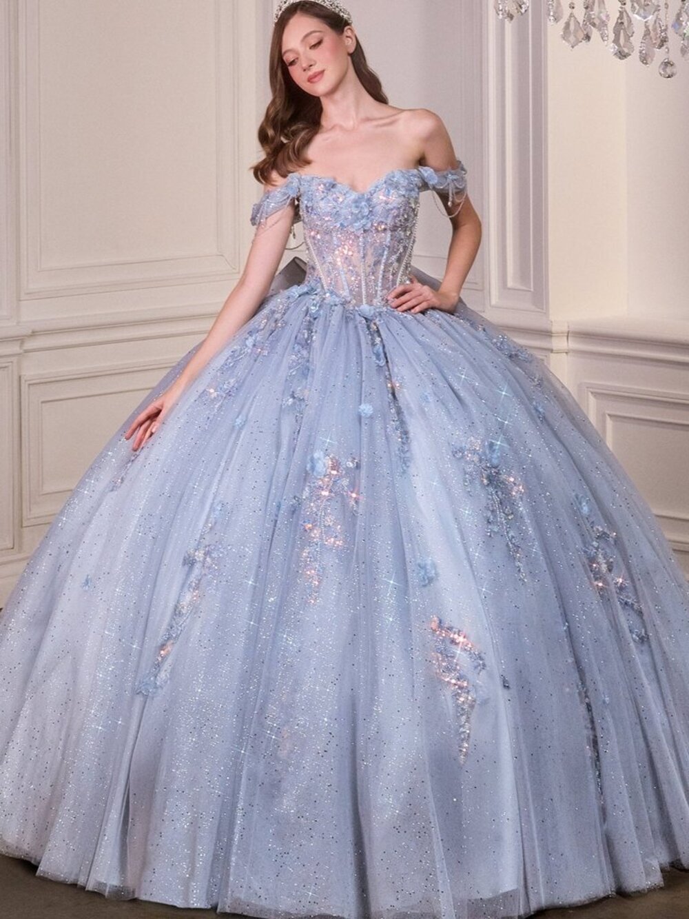 New Navy Off Shoulder Floral Embellished Gown w/ Sheer Corset Bodice CD 15728